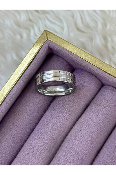 BY YASİN TOPÇU Triple Silver Stripe Steel Ring (Size 16)