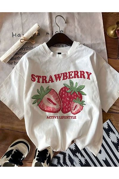 ELFAMİ Unisex Strawberry Printed Oversize T-Shirt
