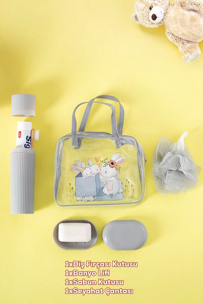 Porsima 3145 Rabbit Figured Travel Set - Toothbrush Box Bath Loofah Soap Box Travel Case Gray