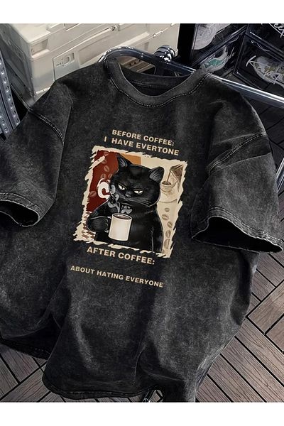 Touz Moda Coffe Cat Printed Washable Vintage Unisex Oversize T-Shirt