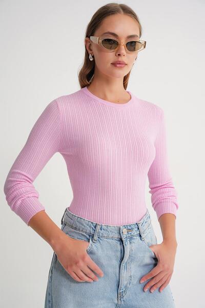 Mixray 6938 Kadın Bisiklet Yaka Fitilli Triko Body Pembe