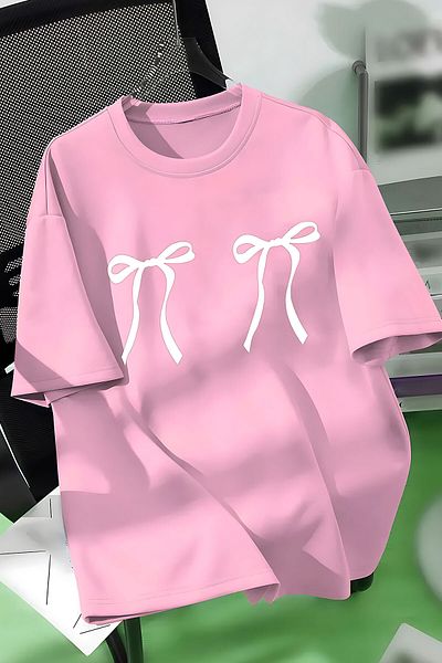 ELFAMİ Unisex Men/Women Ribbon Colorful Custom Printed Oversize Cotton Crew Neck T-Shirt T-Shirt