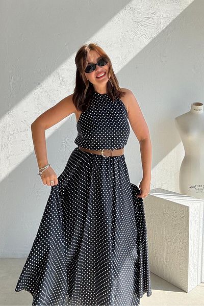 ELVAN TOLON Rochie cu curea cu guler cu buline