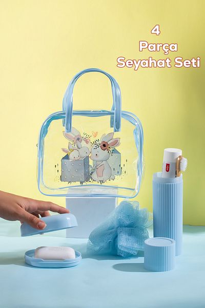 Porsima 3144 Комплект за пътуване с фигурка на заек - кутия за четка за зъби, люфа за баня, кутия за сапун, чанта за пътуване, син