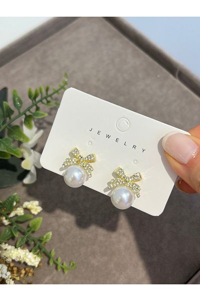 VİYA Steel Earrings with Gold Pearl and Ribbon Motif