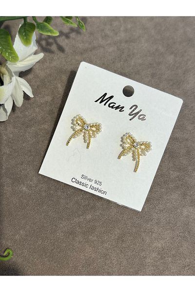 VİYA Steel Earrings with Gold Pearl and Ribbon Motif