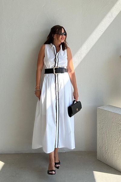 ELVAN TOLON White Black Piping Belted Dress