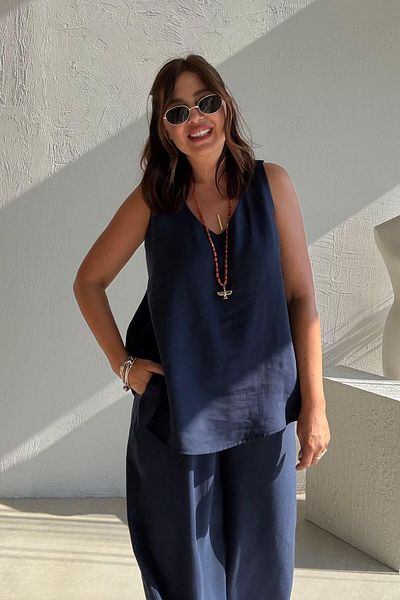 ELVAN TOLON Navy Blue V-Neck Blouse Trousers Set