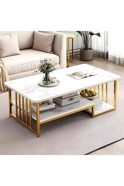 Türkiye 2-Tier Round Marble Coffee Table with Metal Frame Nesting Side Table Set for Living Room, Bedroom