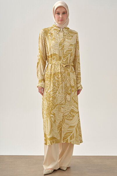 Tuğba Kemerli Desenli Uzun Tunik - Safran