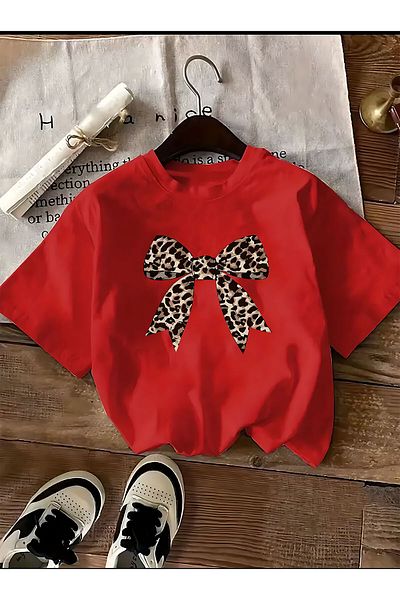 ELFAMİ Basic T-Shirt with Leopard Patterned Ribbon Detail