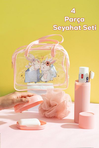 Porsima 3143 Rabbit Figured Travel Set - Κουτί οδοντόβουρτσας Κουτί σαπουνιού μπάνιου Κουτί ταξιδιού Ροζ