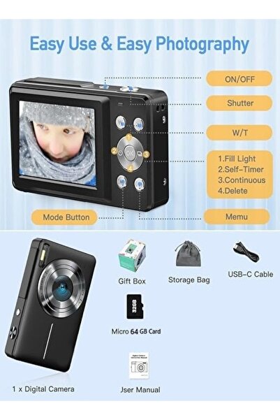 GENERAL 64MP 4K Digital Camera - 64GB Memory, 18X Zoom, Compact and Portable for Travel.