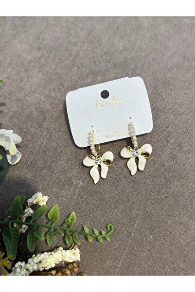 VİYA Steel Earrings with Gold Pearl and Ribbon Motif