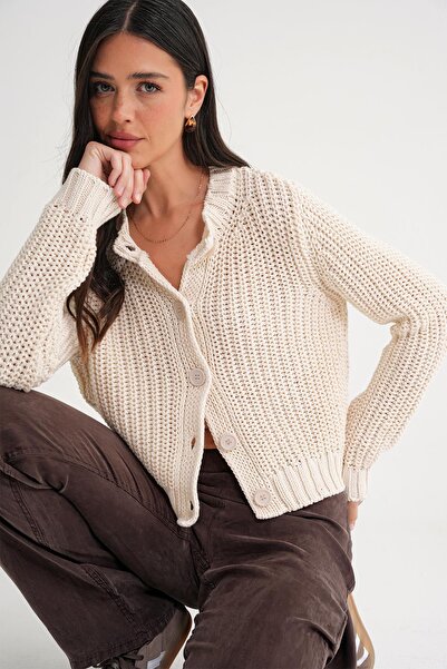 Mixray 6936 Women's Thessaloniki Buttoned Regular Fit Knitwear Cardigan Natural