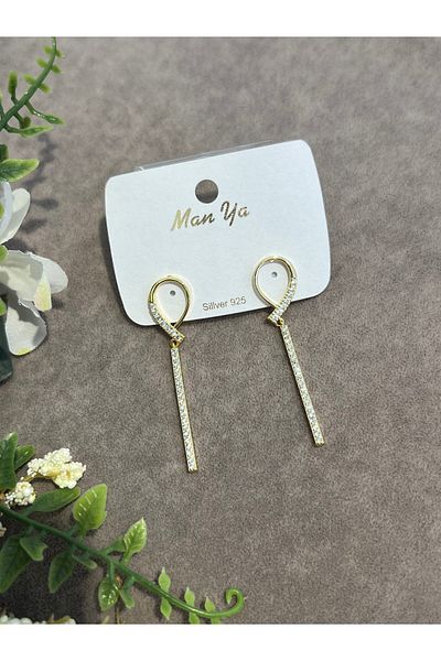 VİYA Gold Zircon Stone Half Bow Dangle Earrings