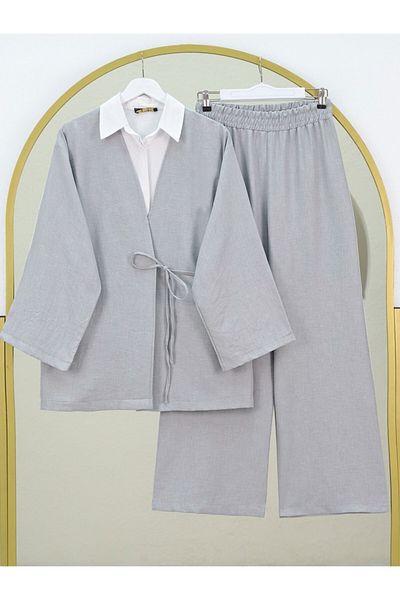 Modamorfo Kimono Suit with Tie Front Trousers - Light Gray