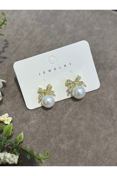 VİYA Steel Earrings with Gold Pearl and Ribbon Motif