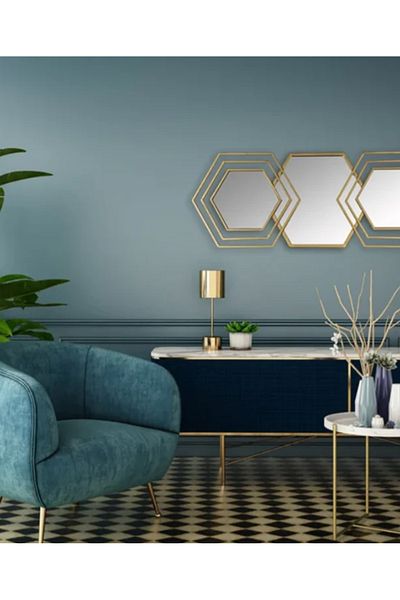 LUXXO Decorative Mirror Shape, 5 hexagons, metal frame, 126x30cm, Gold