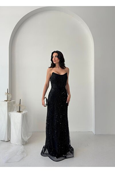 Serica Moda Βραδινό φόρεμα με στράπλες με μαύρες χάντρες