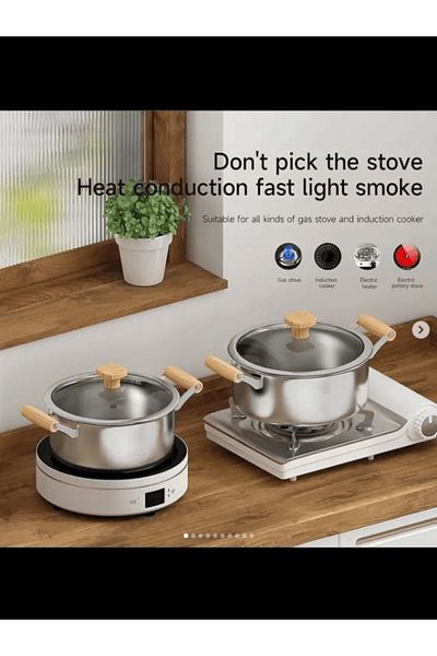 WDA Stainless Steel Cookware Set with Glass Lids, 3 Pieces, Brown Wooden Handles, Size 18-20-22cm