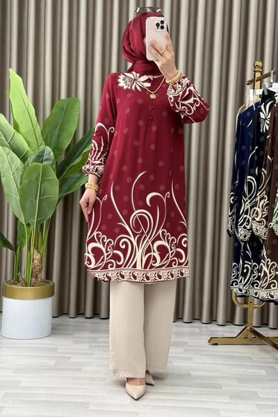 Mercan RAZİYE TAKIM Tesettür Viskon Kumaş Desenli Tunik Pantolon İkili Takım ...