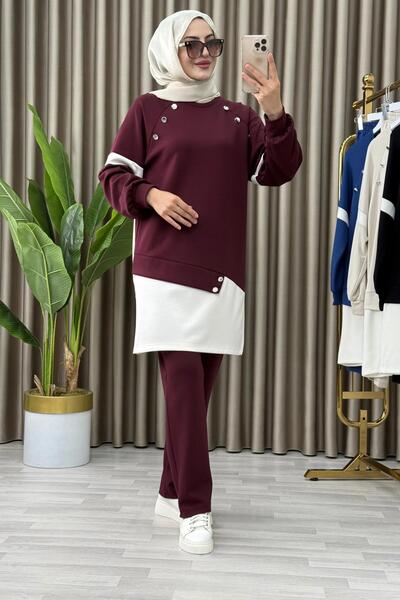 Mercan LAVİNYA TAKIM Modal Kumaş Kadın Bordo Düğme Detaylı İki Renkli Pantolo...