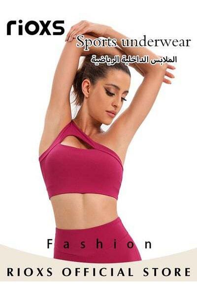 RIOXS Women's One Shoulder Sports Bra Wireless Padded Yoga Bra Halter Style Medium Support Workout Bra