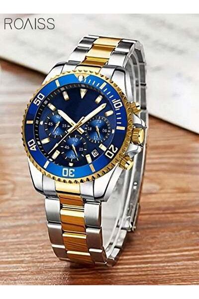 ROAISS Men's Stainless Steel Strap Quartz Watch Analog Display Round Blue Dial Wristwatch