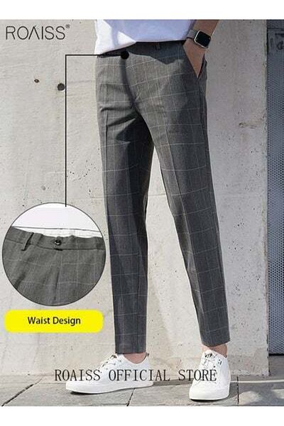 ROAISS Young Men's Suit Pants Straight Fit British Plaid Thin Section Business Casual Pants Cropped Pants