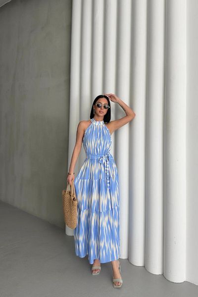 MOZENA Halter Neckline Waist Belted Patterned Viscose Fabric Long Dress