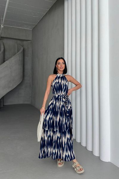MOZENA Halter Neckline Waist Belted Patterned Viscose Fabric Long Dress