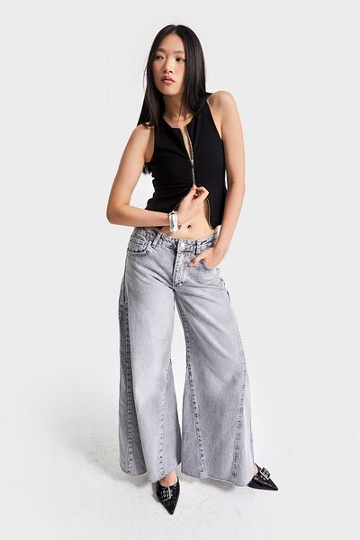 its basic Women's Gray Color 4S5-12 Palazzo Fit Inner Length 83cm 100% Cotton Mid Waist Denim Jean