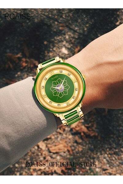 ROAISS Mens Luxury Jade Quartz Watches Luminous Waterproof Wristwatch with Gold Band