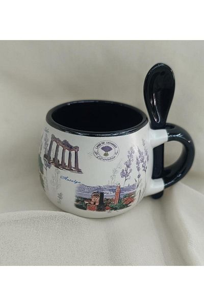 Hd Marketim Cup Mug Ceramic with Handle and Spoon 100 ml Local Soft Drink Water Coffee Glass Antalya with Image
