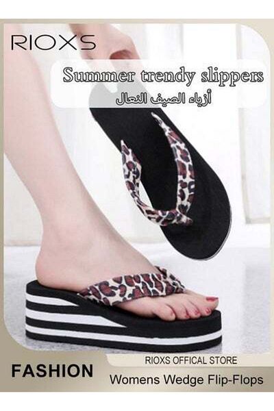 RIOXS Women's Leopard Wedge Flip-Flops Casual High Platform Non-Slip Sandals For Indoor Or Outdoor Use