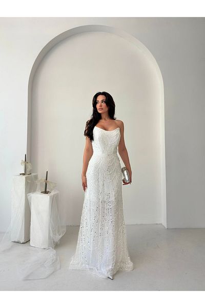Serica Moda White Beaded Sequined Strapless Evening Dress