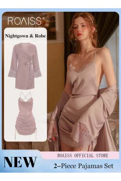 ROAISS Women Pajamas with V-Neck Design Women Home Wear Set Same Color Outer Robe Lace Element Nightgown