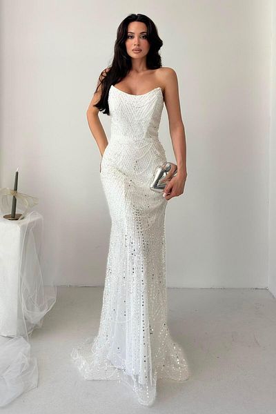 Serica Moda White Beaded Sequined Strapless Evening Dress