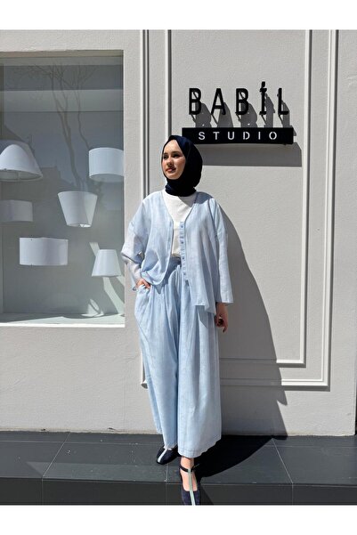 QOOQ STORE Fabric Patterned Cotton Women's Suit Baby Blue