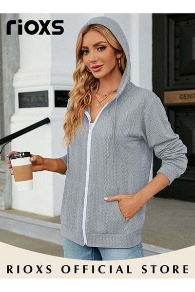 RIOXS Women's Zip-up Cardigan, Stylish Long Sleeve Hoodies with Special Texture, Comfortable Casual Coat