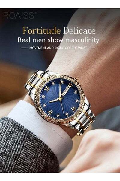 ROAISS Men's Stainless Steel Strap Quartz Watch Analog Display Round Blue Dial Wristwatch