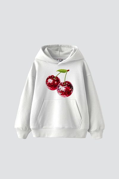 Sekizbiraltı Disco Cherry Printed Oversize Unisex Λευκό Hoodie