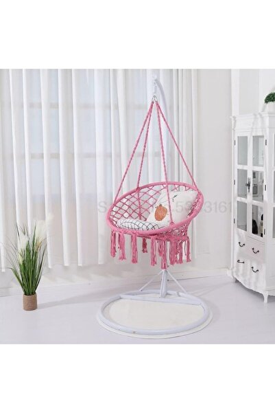Türkiye Hammock Chair, Hanging Swing with Macrame and Cushion, Max 330 Lbs, Beige Hanging Cotton Rope Chair