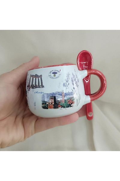Hd Marketim Cup Mug Ceramic with Handle and Spoon 100 ml Local Soft Drink Water Coffee Glass Antalya with Image