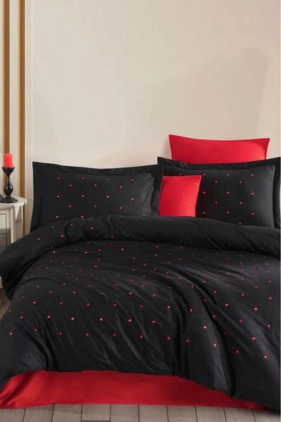 Hobby Lubow Poplin Embroidered Double Duvet Cover Set Premium Black