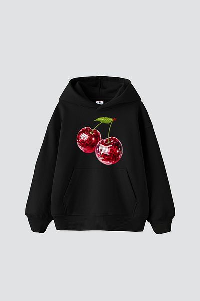 Sekizbiraltı Disco Cherry Printed Oversize Unisex Μαύρο Hoodie