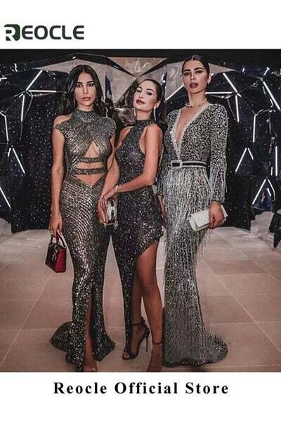 REOCLE Women's Sequin Dress Deep Glitter Bodycon Stretchy Evening Dress Long Sleeve Dress Party Dress