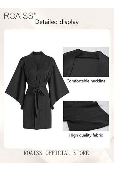 ROAISS Women Pajamas with V-Neck Design Women Home Wear Set Same Color Outer Robe Lace Element Nightgown
