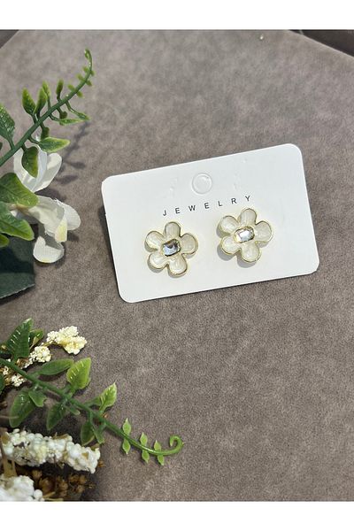 VİYA Steel Earrings with Flower Motif and Stone in the Middle